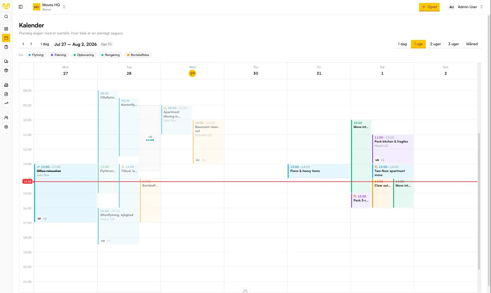 Ugekalender i Movea med flytteopgaver fordelt på hold og tidspunkter